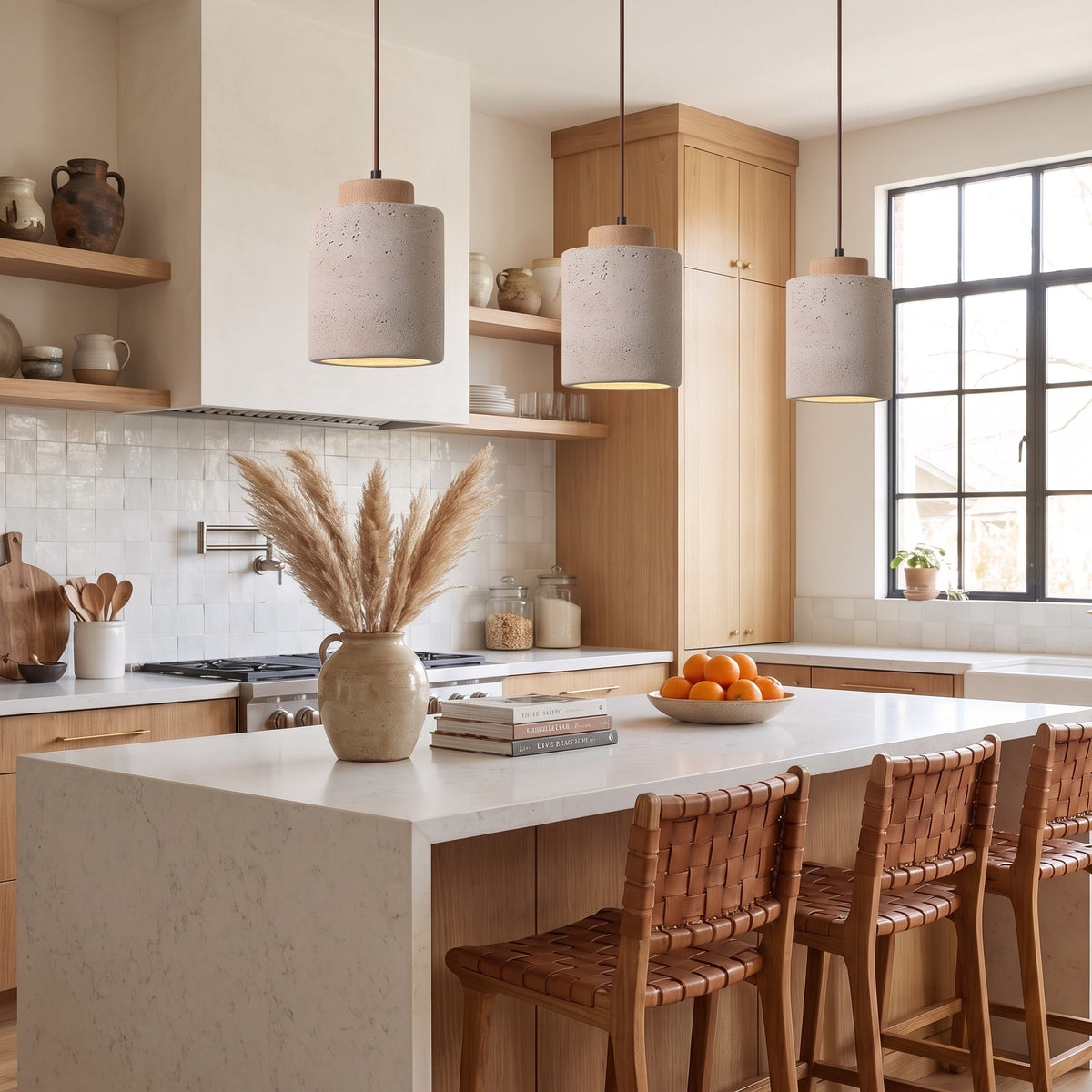 Travertine Pendant Light with Wood Cap Detail - Pendant Light Fixtures - Oak - Seravelle Home