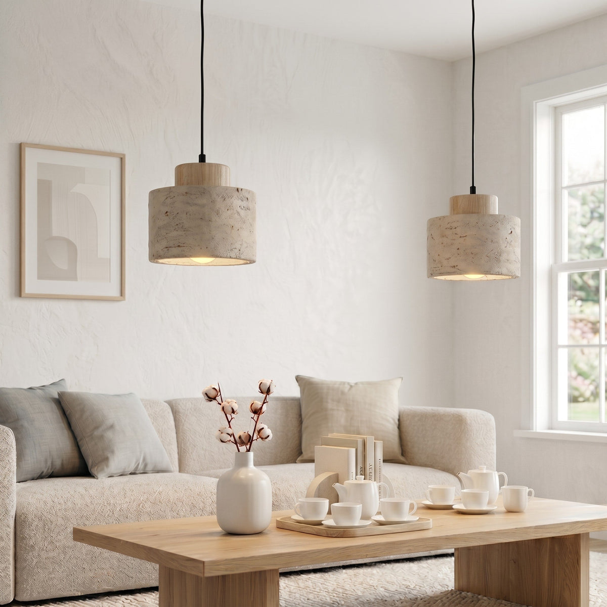 Travertine Pendant Light with Wood Cap Detail - Pendant Light Fixtures - Oak - Seravelle Home