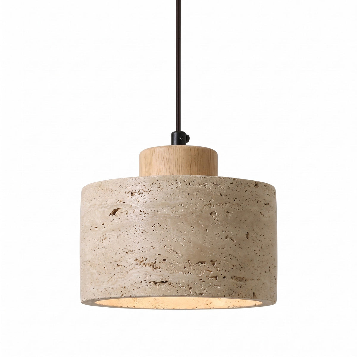 Travertine Pendant Light with Wood Cap Detail - Pendant Light Fixtures - Oak - Seravelle Home