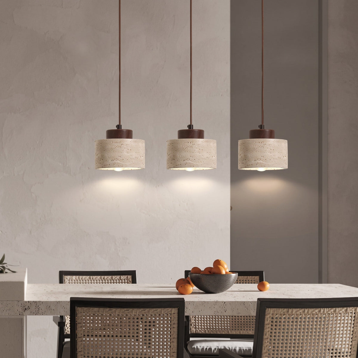 Travertine Pendant Light with Wood Cap Detail - Pendant Light Fixtures - Walnut - Seravelle Home