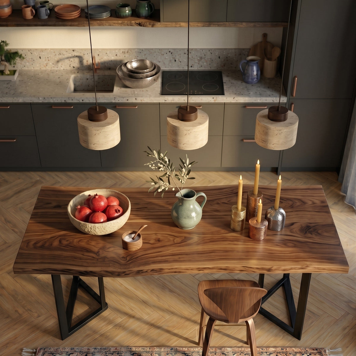 Travertine Pendant Light with Wood Cap Detail - Pendant Light Fixtures - Walnut - Seravelle Home