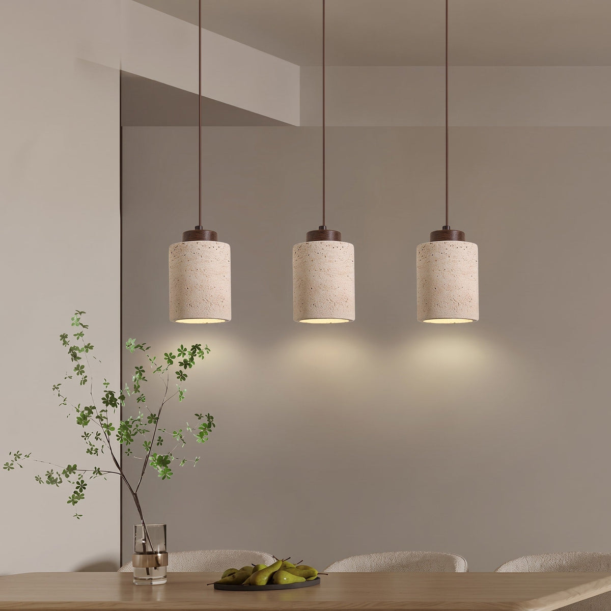 Travertine Pendant Light with Wood Cap Detail - Pendant Light Fixtures - Oak - Seravelle Home