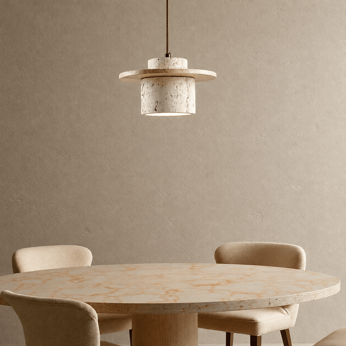 Travertine Stone Pendant Light with Round Wood Trim Disc - Pendant Light Fixtures - Light Brown - Seravelle Home