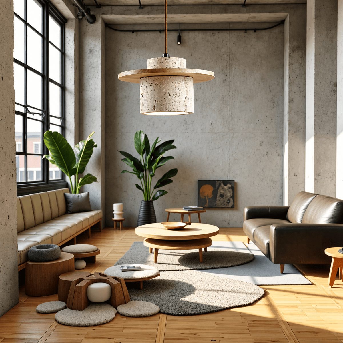 Travertine Stone Pendant Light with Round Wood Trim Disc - Pendant Light Fixtures - Light Brown - Seravelle Home