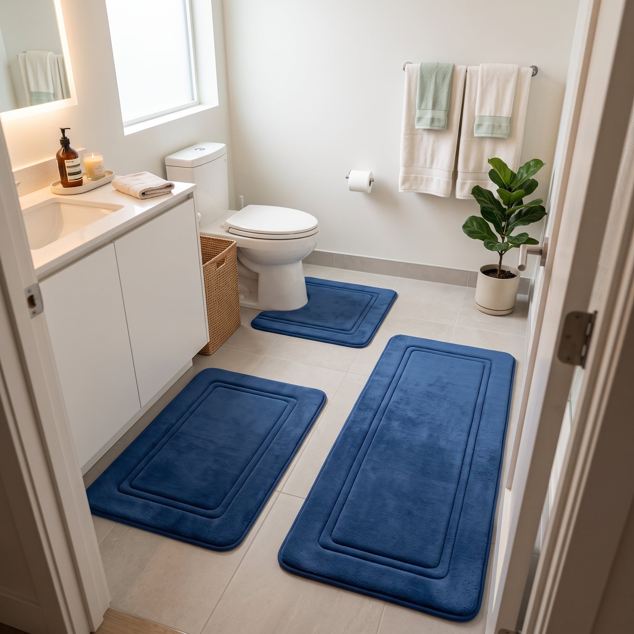 Washable Bathroom Rug with Framed Border Pattern - Washable Rugs - Navy Blue - Seravelle Home