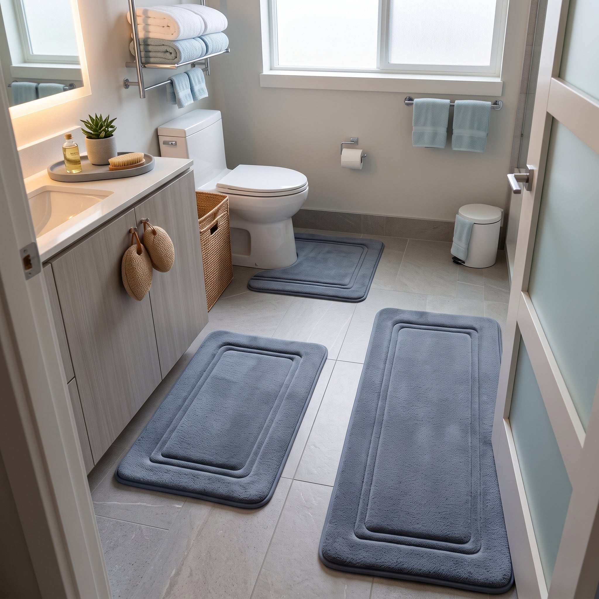 Washable Bathroom Rug with Framed Border Pattern - Washable Rugs - Dark Grey - Seravelle Home