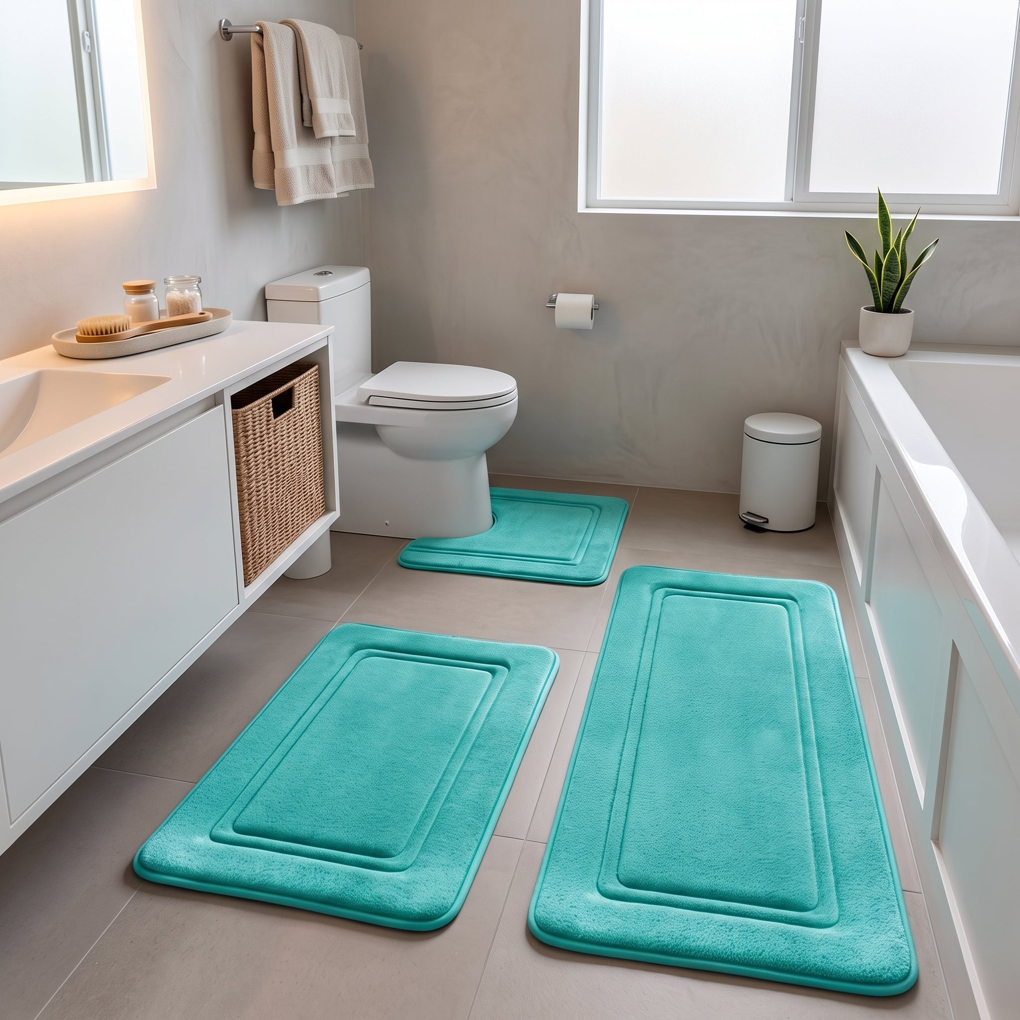 Washable Bathroom Rug with Framed Border Pattern - Washable Rugs - Green - Seravelle Home