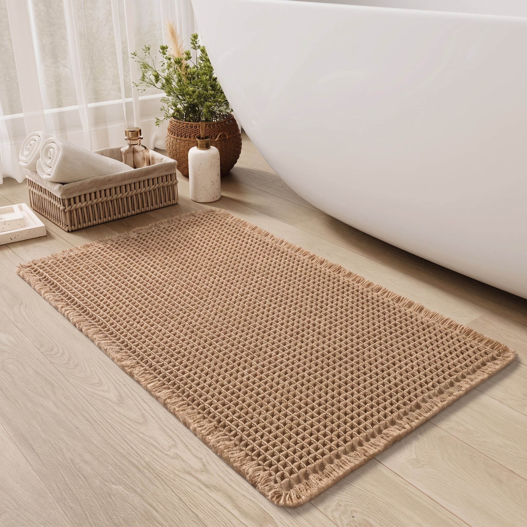 Washable Bathroom Rug with Waffle Design - Washable Rug - Brown - Seravelle Home