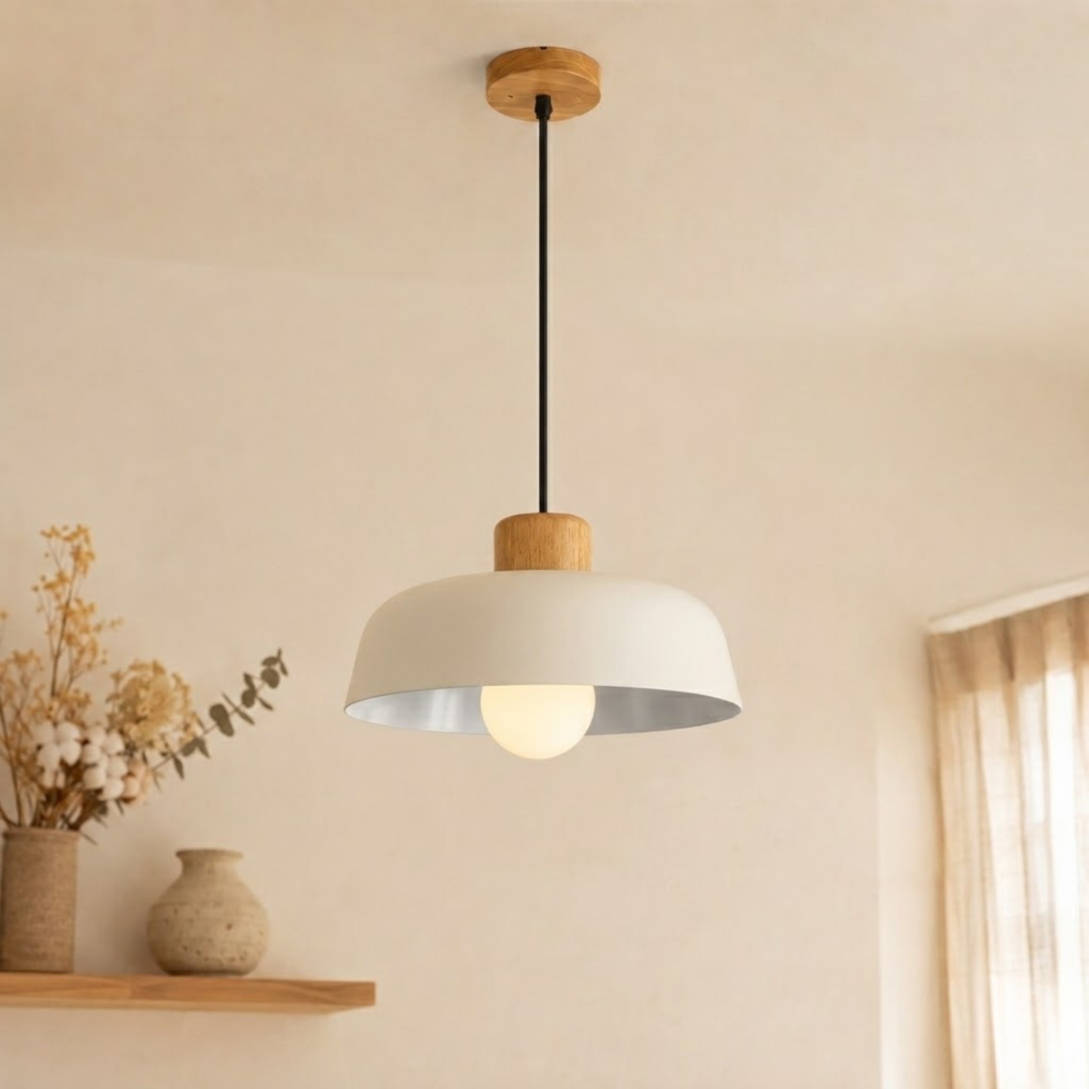 Wood and Metal Dome Pendant Light - Pendant Light Fixtures - White - Seravelle Home