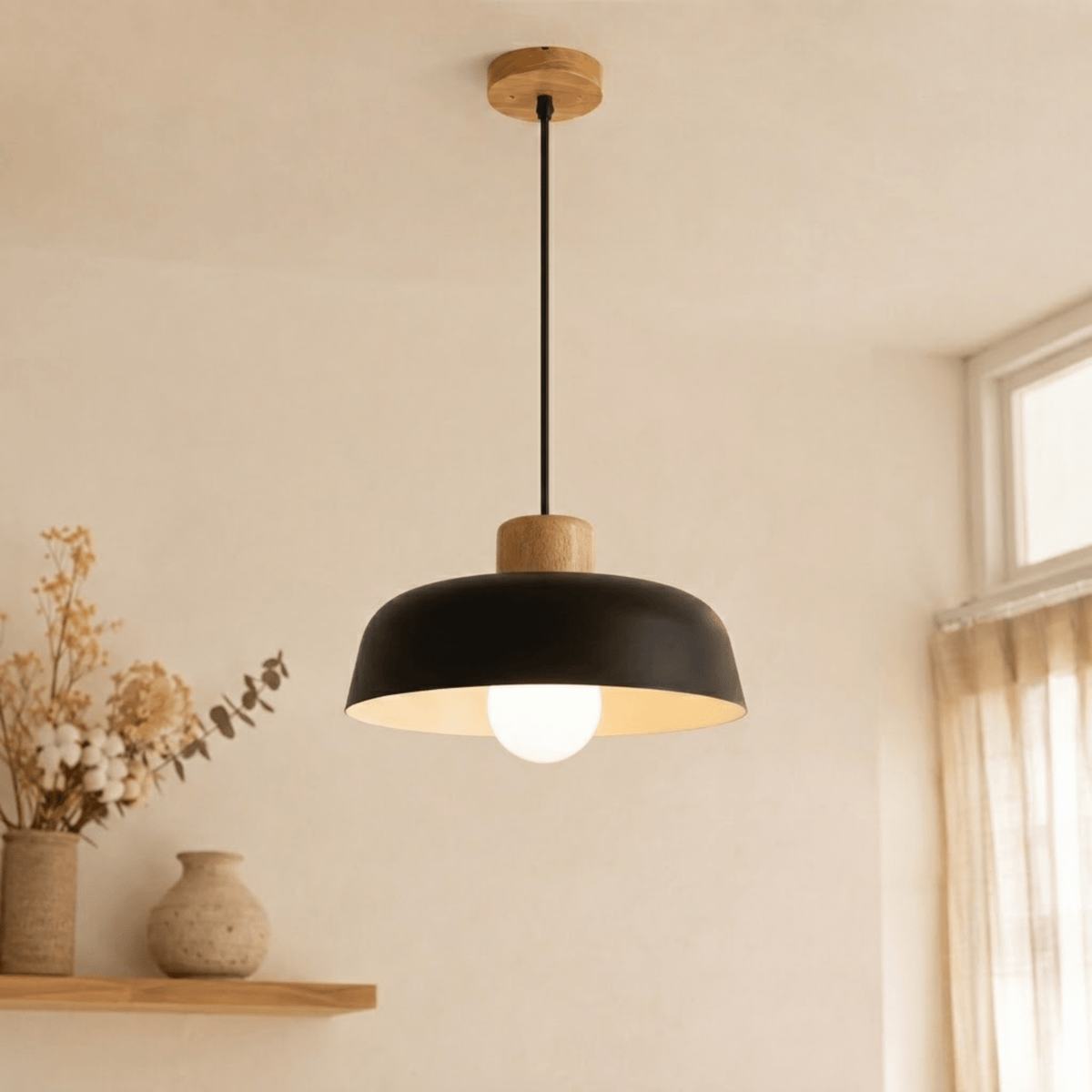 Wood and Metal Dome Pendant Light - Pendant Light Fixtures - Black - Seravelle Home