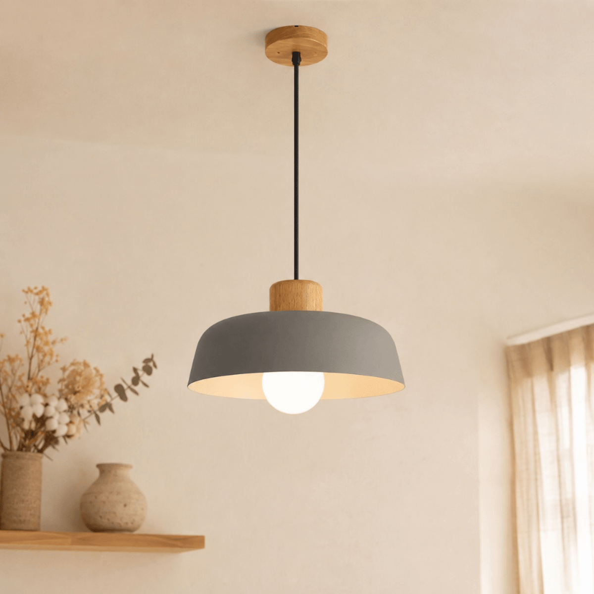 Wood and Metal Dome Pendant Light - Pendant Light Fixtures - Grey - Seravelle Home