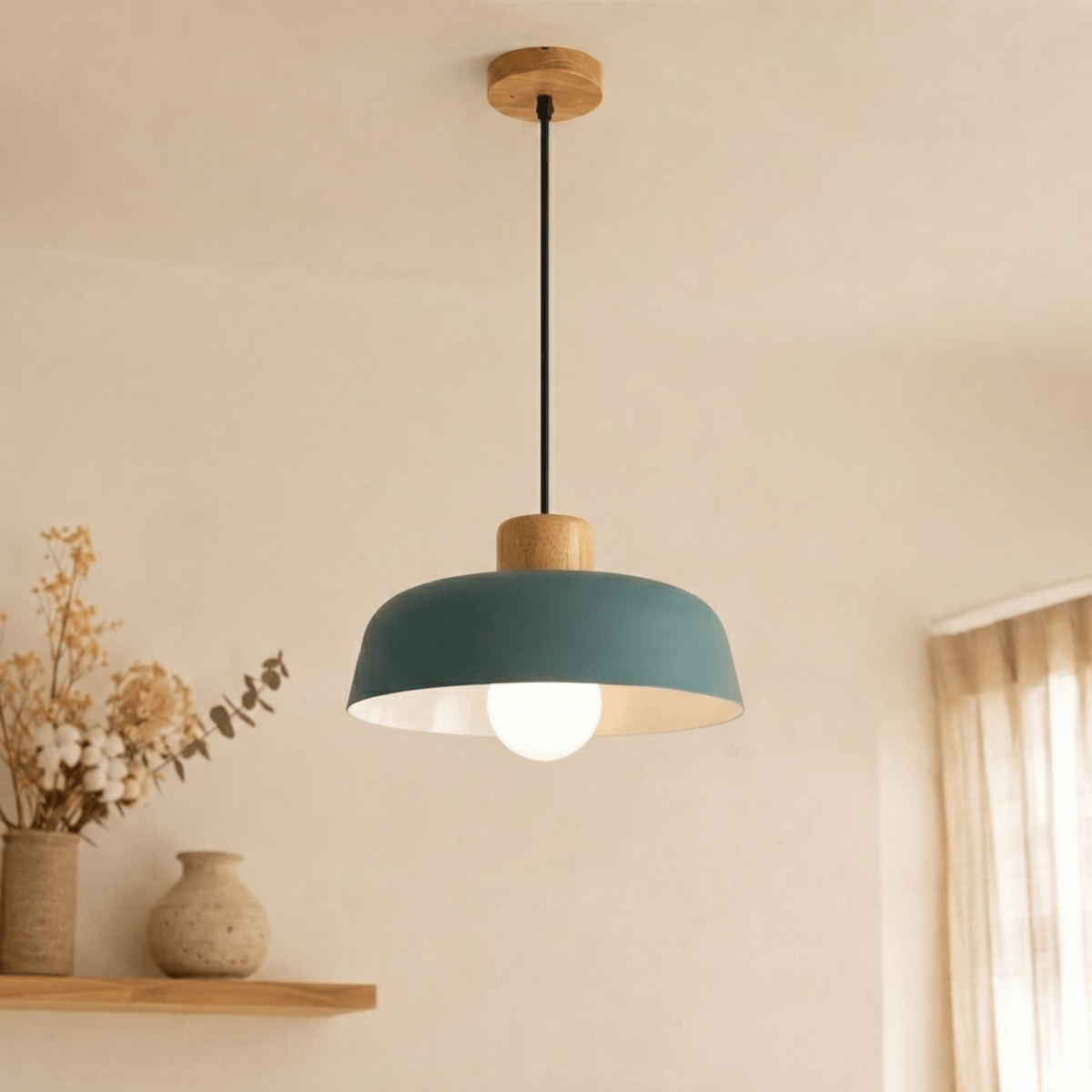 Wood and Metal Dome Pendant Light - Pendant Light Fixtures - Blue - Seravelle Home