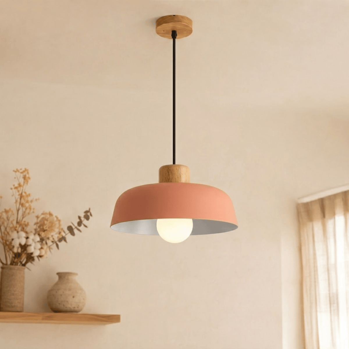 Wood and Metal Dome Pendant Light - Pendant Light Fixtures - Pink - Seravelle Home