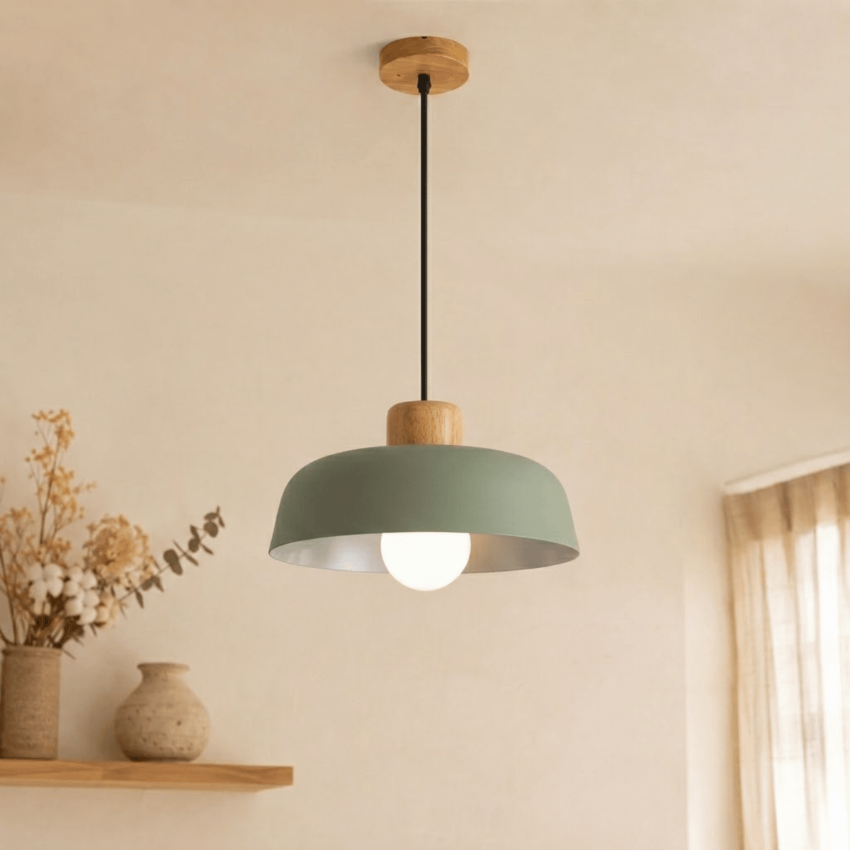 Wood and Metal Dome Pendant Light - Pendant Light Fixtures - Green - Seravelle Home