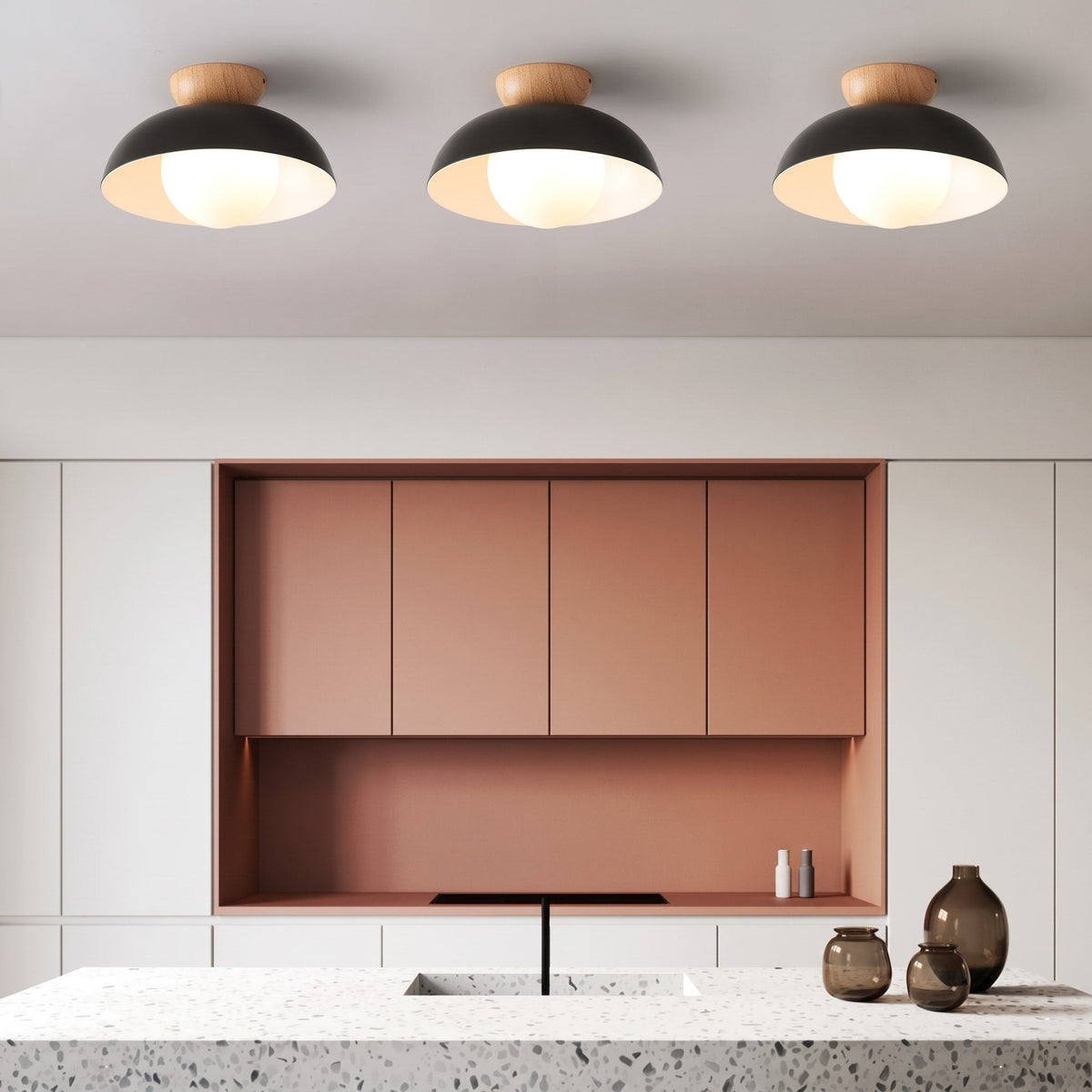 Wooden Dome Semi-Flush Ceiling Light - Ceiling Light Fixtures - Black - Seravelle Home
