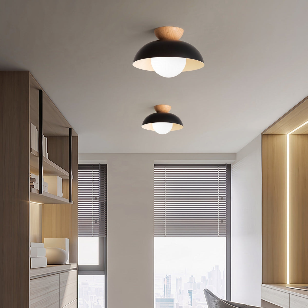 Wooden Dome Semi-Flush Ceiling Light - Ceiling Light Fixtures - Black - Seravelle Home