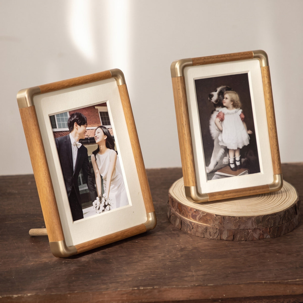 Wooden Picture Frame with Gold Corner Accents - Picture Frames - Teak - Seravelle Home