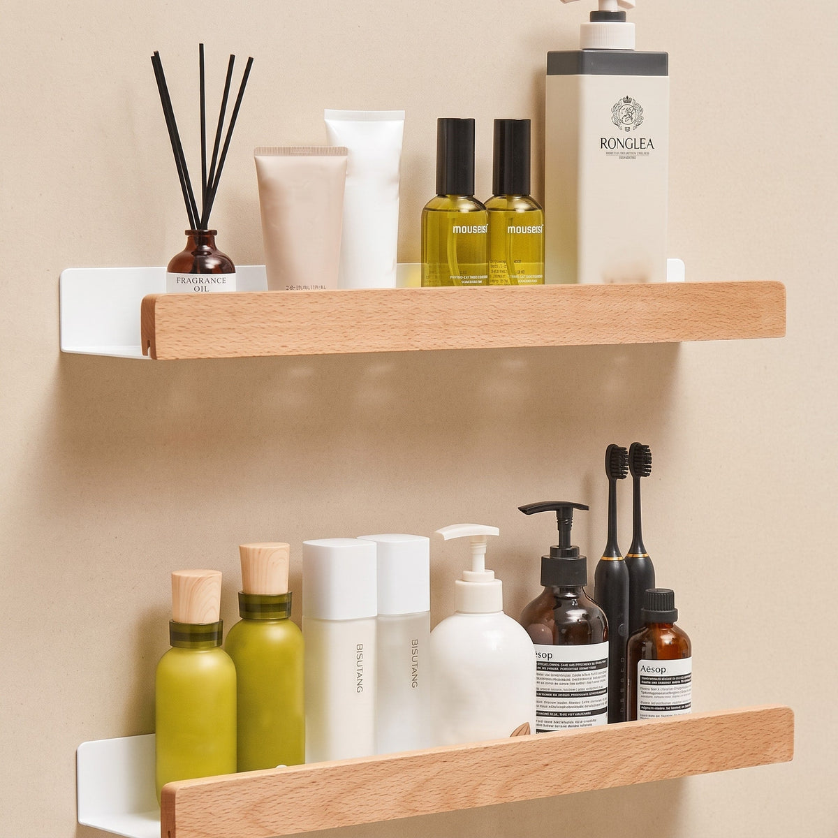 Wooden Wall Shelf with Metal Bracket for Bathroom Storage - Rack Wall Shelves & Ledges - Brown - Seravelle Home