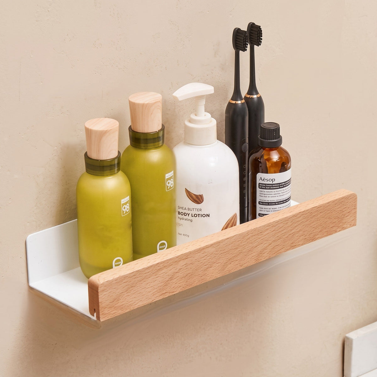 Wooden Wall Shelf with Metal Bracket for Bathroom Storage - Rack Wall Shelves & Ledges - Light Brown - Seravelle Home