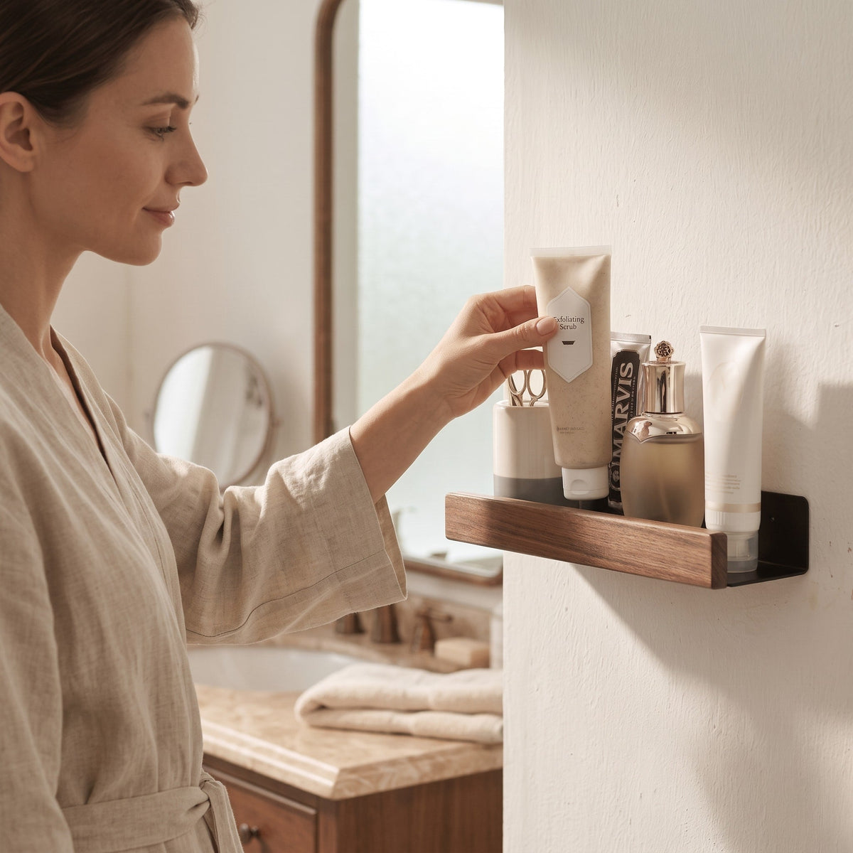 Wooden Wall Shelf with Metal Bracket for Bathroom Storage - Rack Wall Shelves & Ledges - Brown - Seravelle Home