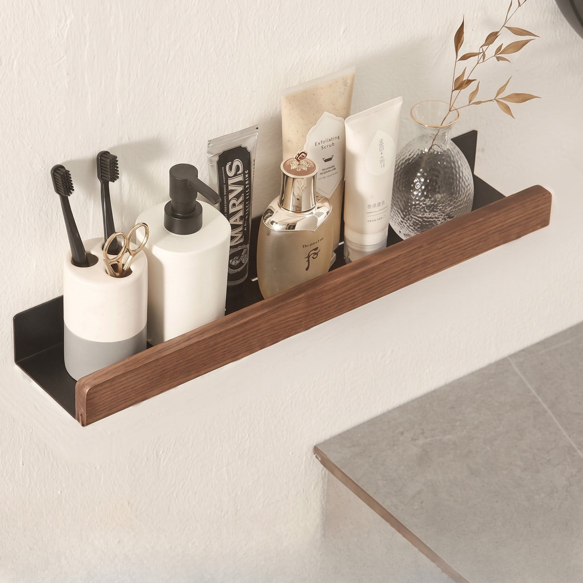 Wooden Wall Shelf with Metal Bracket for Bathroom Storage - Rack Wall Shelves & Ledges - Brown - Seravelle Home