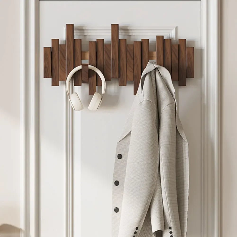 Wooden Wall Mounted Coat Rack with Folding Hooks