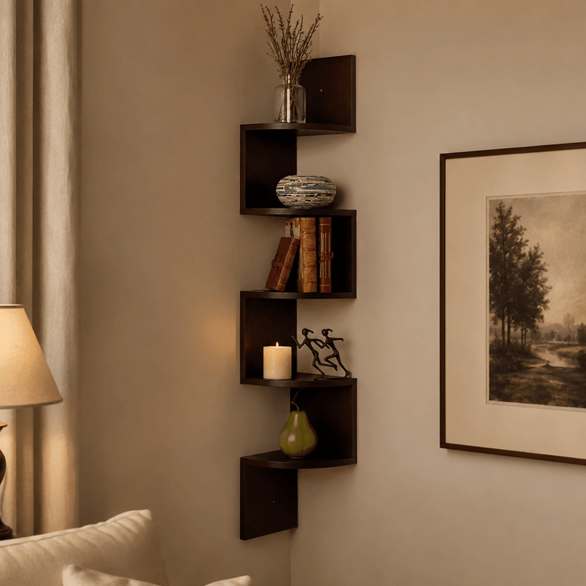 Zigzag Floating Corner Shelf 5 Tier Wall Mounted Display Unit - Corner Wall Shleves & Ledges - Dark Brown - Seravelle Home