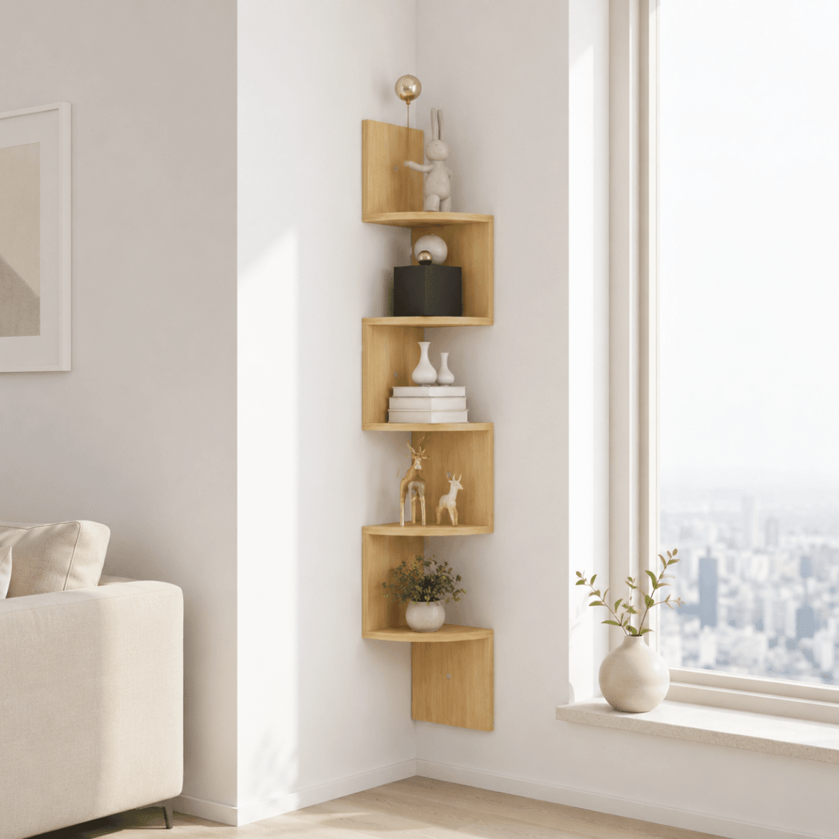 Zigzag Floating Corner Shelf 5 Tier Wall Mounted Display Unit - Corner Wall Shleves & Ledges - Brown - Seravelle Home