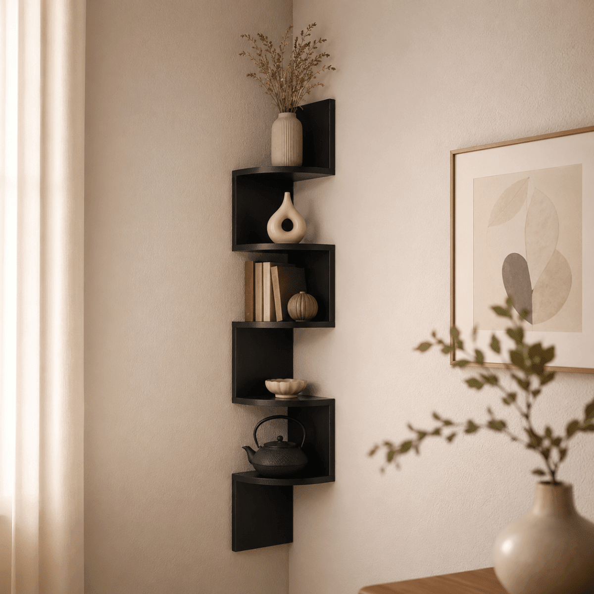 Zigzag Floating Corner Shelf 5 Tier Wall Mounted Display Unit - Corner Wall Shleves & Ledges - Black - Seravelle Home