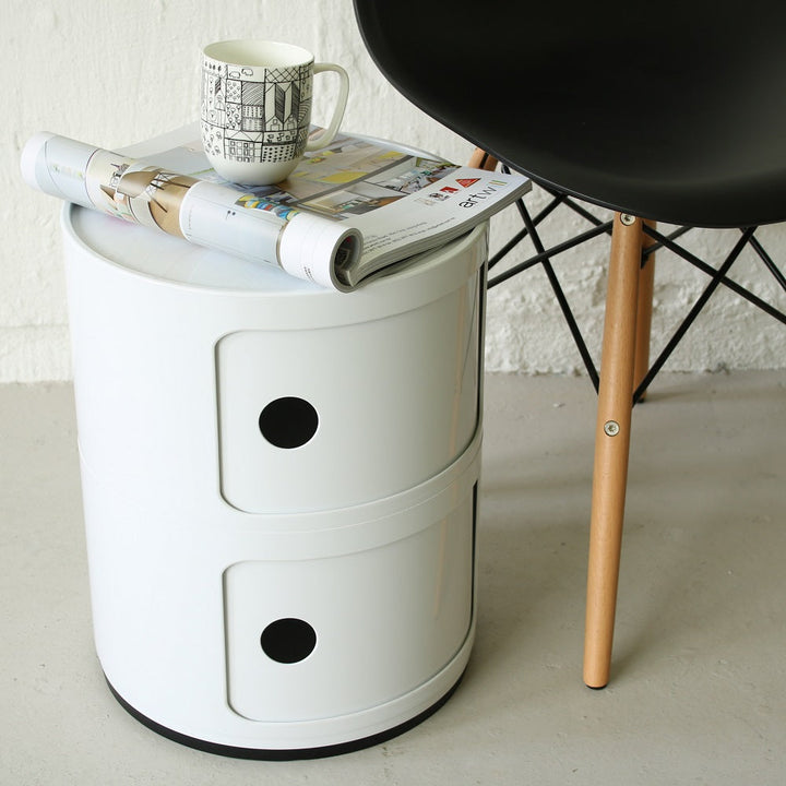 Cylindrical Bedside Table with Revolving Doors and Compartments