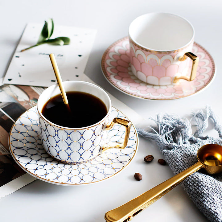 Patterned Tea Cup Set with Golden Handles and Saucer