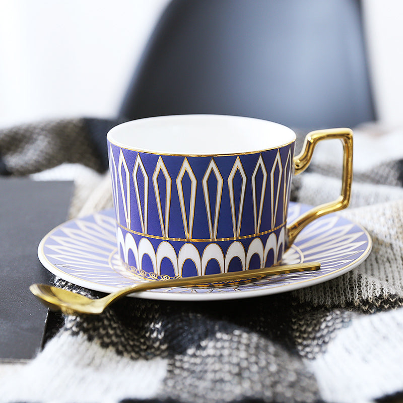Patterned Tea Cup Set with Golden Handles and Saucer