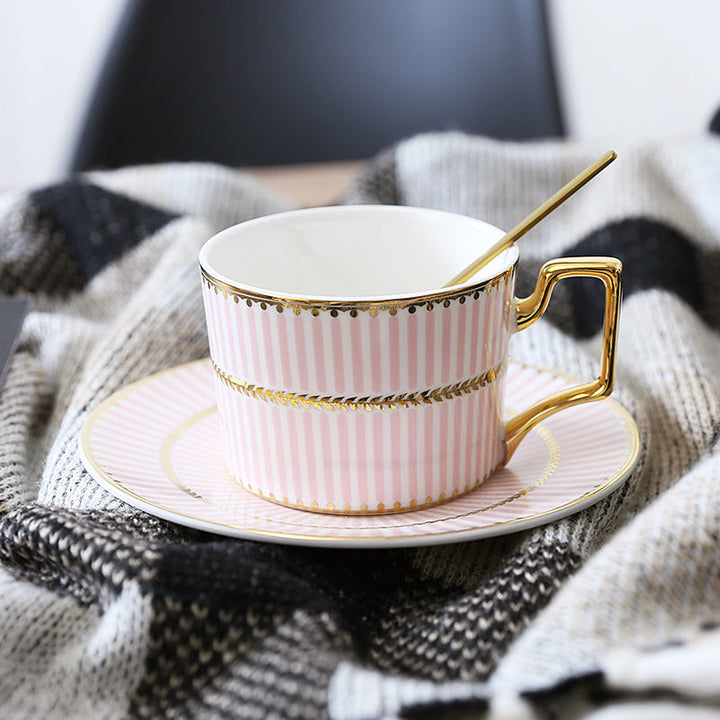 Patterned Tea Cup Set with Golden Handles and Saucer