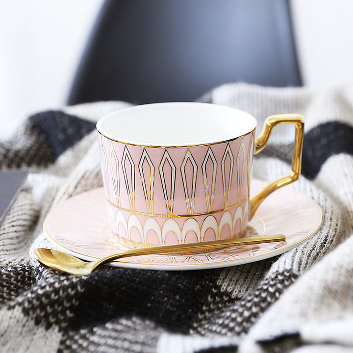Patterned Tea Cup Set with Golden Handles and Saucer