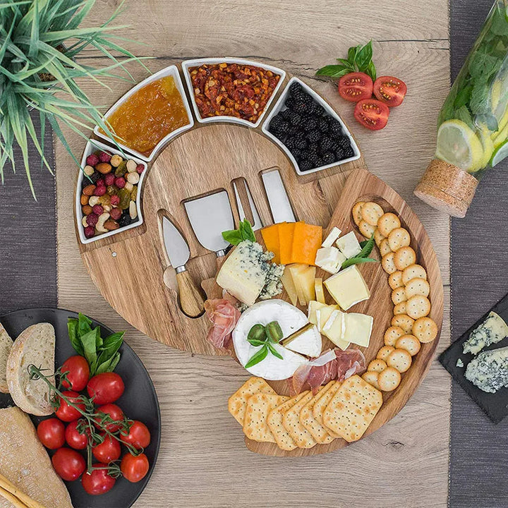 Cheese Board Set Made of Wood with Integrated Bowls and Cutlery