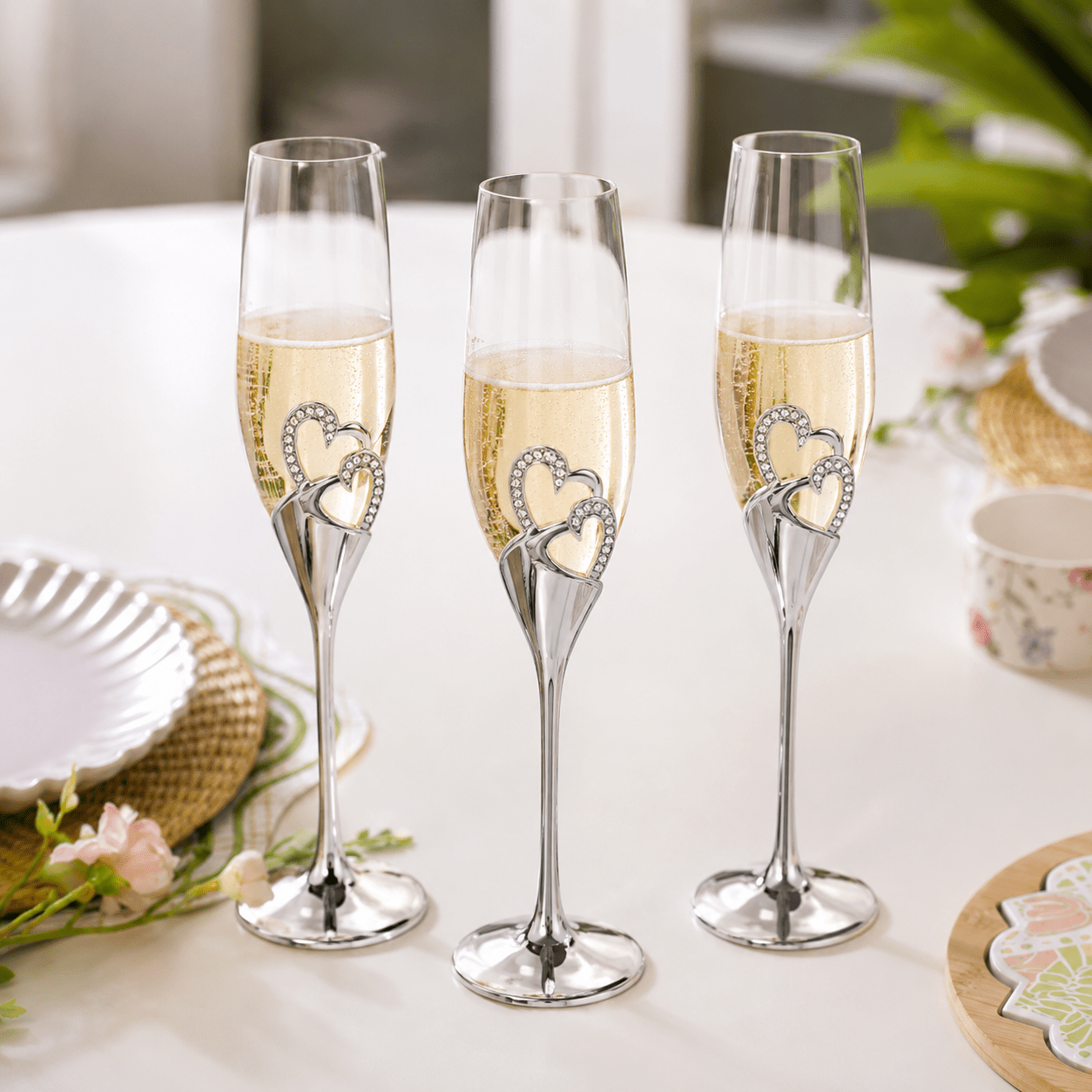 2pcs Champagne Flute with Decorative Double Heart Stem - Champagne Flutes - Silver - Seravelle Home