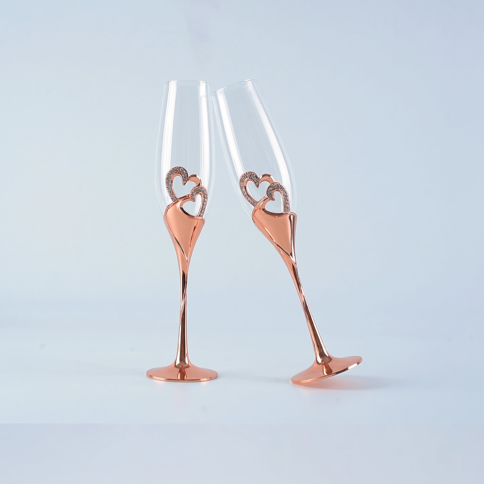 2pcs Champagne Flute with Decorative Double Heart Stem - Champagne Flutes - Rose gold - Seravelle Home