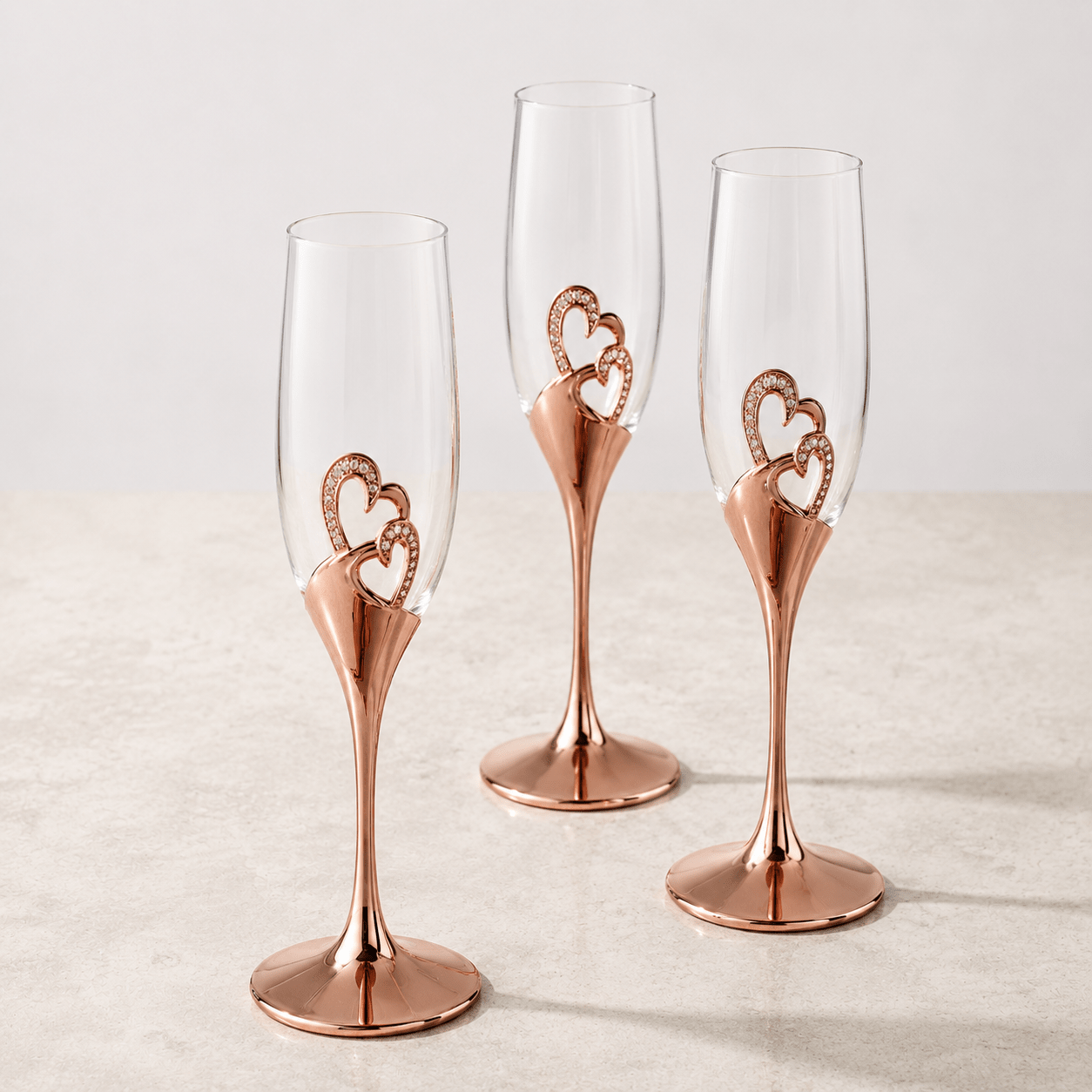 2pcs Champagne Flute with Decorative Double Heart Stem - Champagne Flutes - Rose gold - Seravelle Home