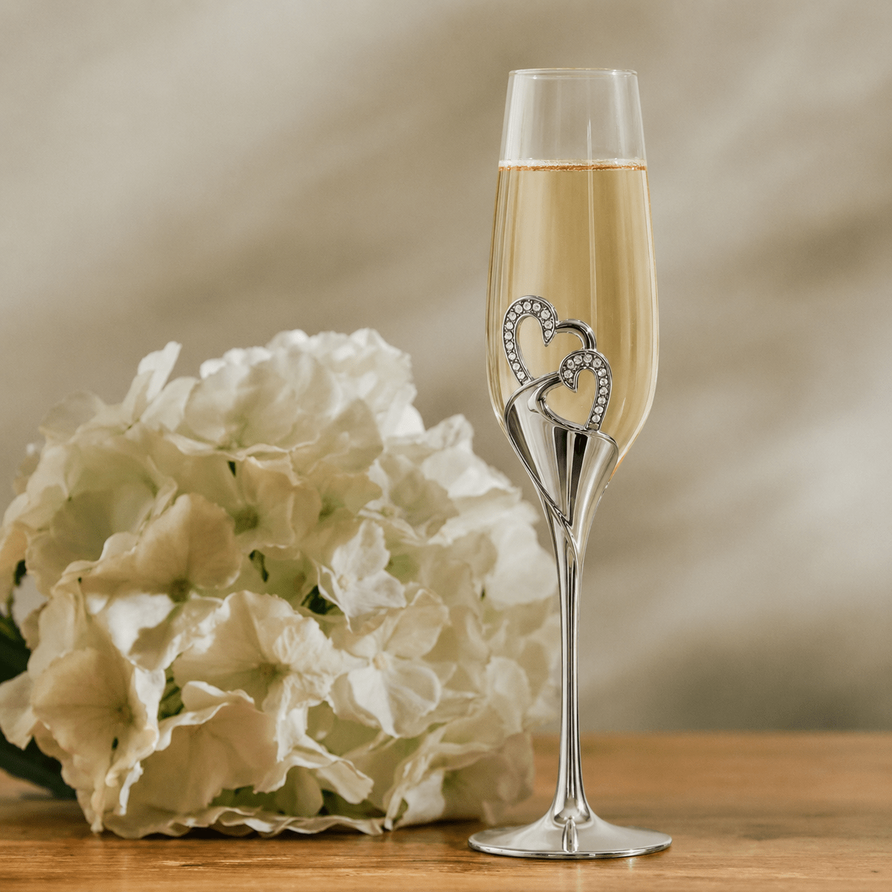 2pcs Champagne Flute with Decorative Double Heart Stem - Champagne Flutes - Silver - Seravelle Home