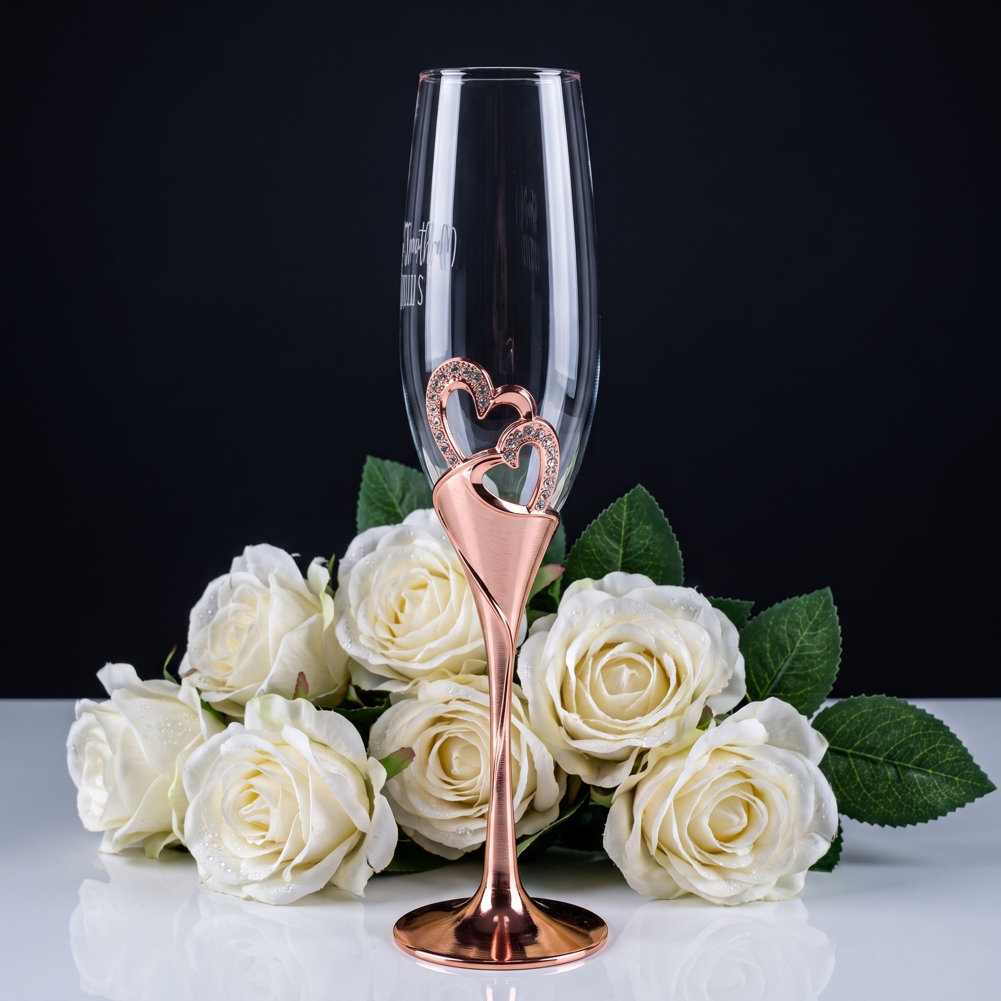2pcs Champagne Flute with Decorative Double Heart Stem - Champagne Flutes - Rose gold - Seravelle Home