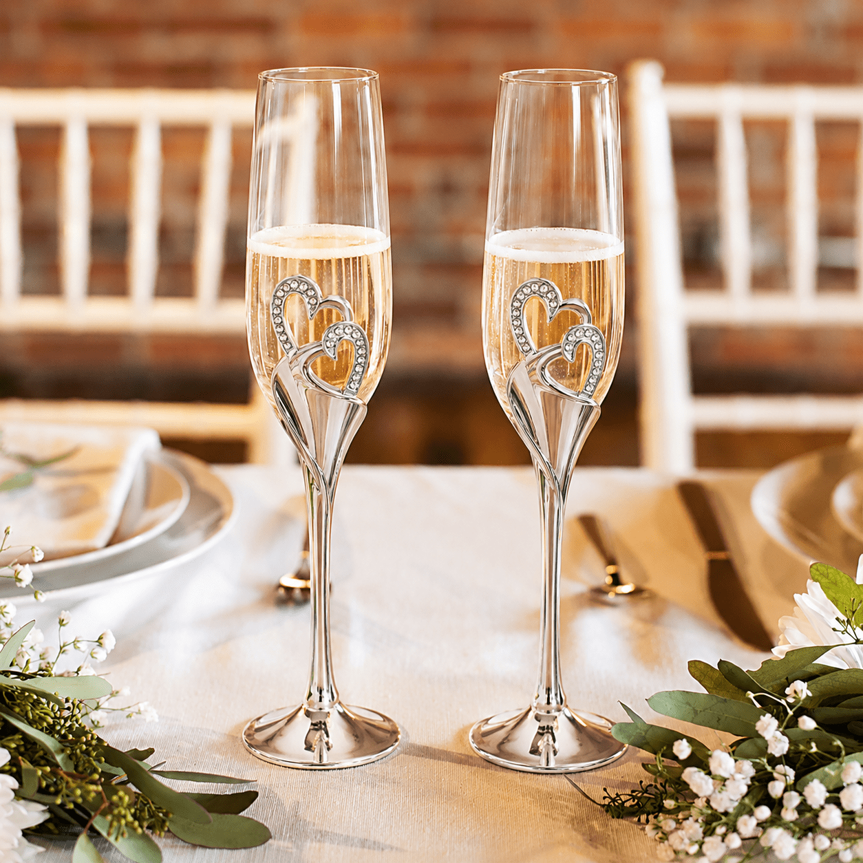 2pcs Champagne Flute with Decorative Double Heart Stem - Champagne Flutes - Silver - Seravelle Home