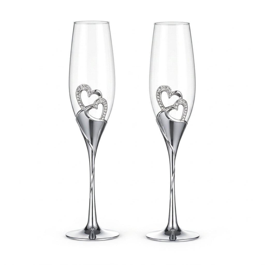2pcs Champagne Flute with Decorative Double Heart Stem - Champagne Flutes - Silver - Seravelle Home