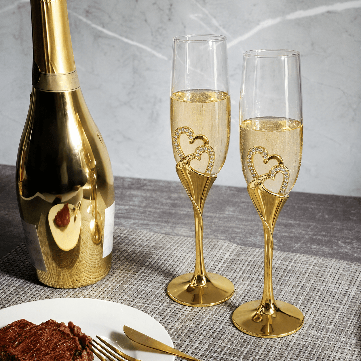 2pcs Champagne Flute with Decorative Double Heart Stem - Champagne Flutes - Gold - Seravelle Home