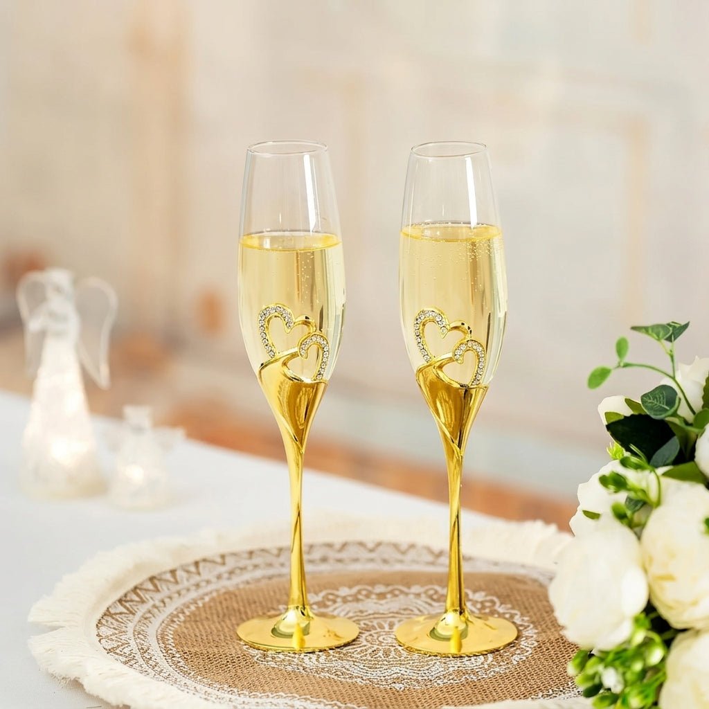 2pcs Champagne Flute with Decorative Double Heart Stem - Champagne Flutes - Gold - Seravelle Home