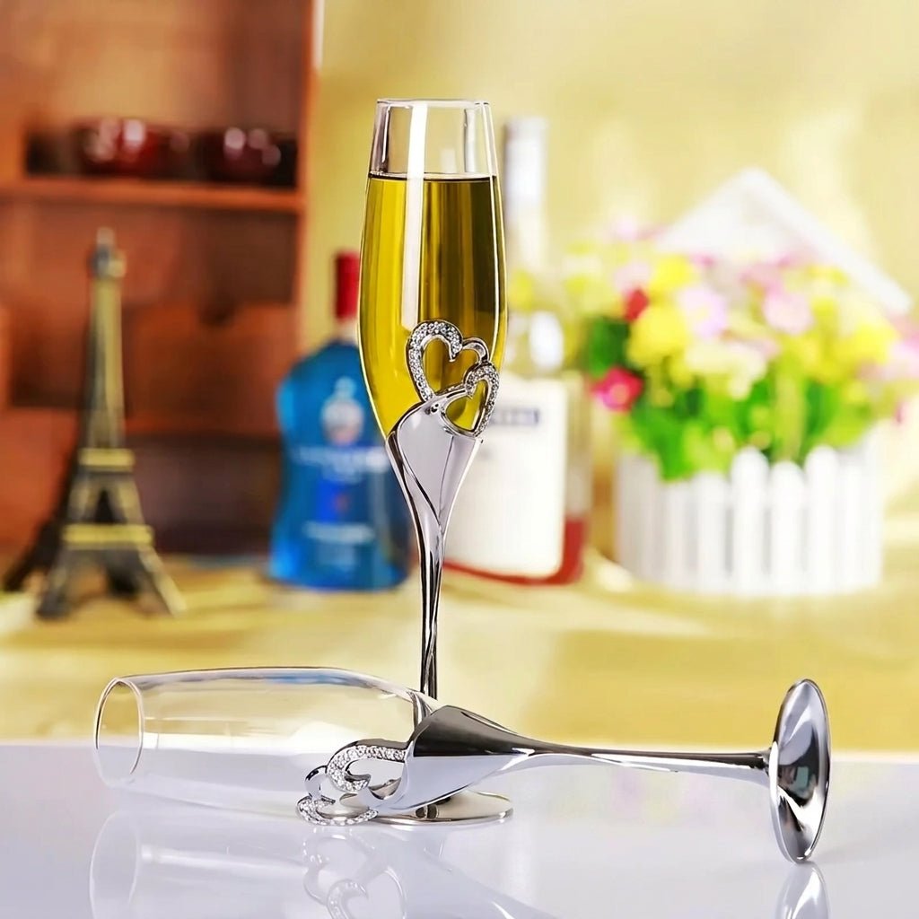 2pcs Champagne Flute with Decorative Double Heart Stem - Champagne Flutes - Silver - Seravelle Home