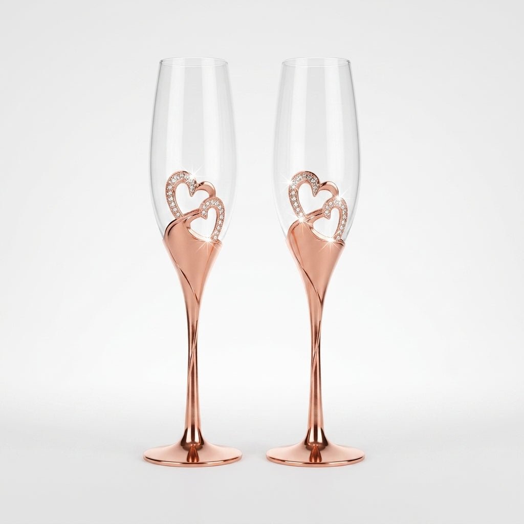 2pcs Champagne Flute with Decorative Double Heart Stem - Champagne Flutes - Rose gold - Seravelle Home