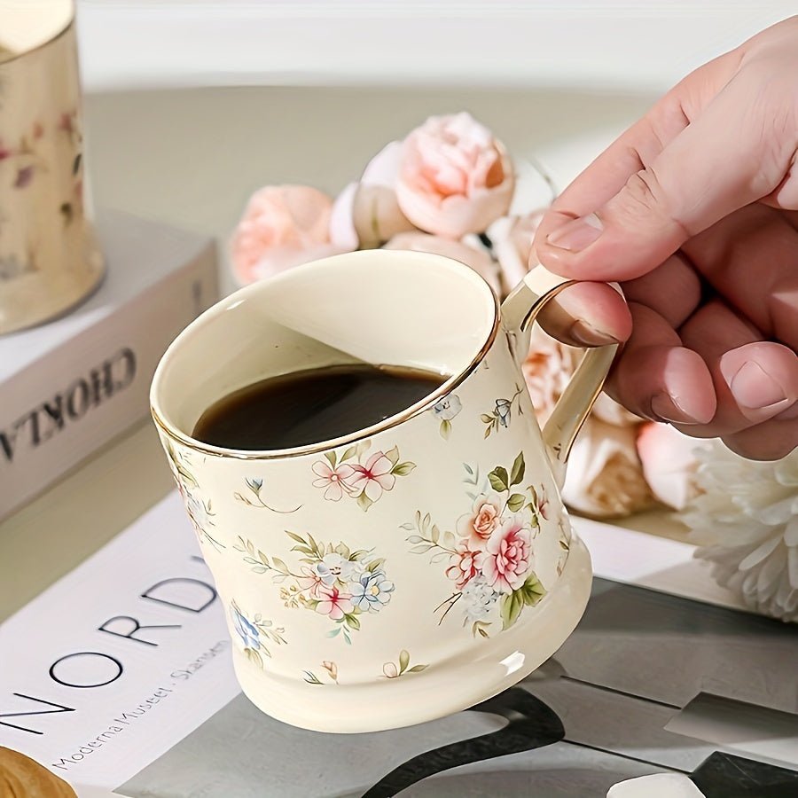 2pcs Vintage Ceramic Mug with Floral Print and Gold Handle - Mugs - Cream - Seravelle Home