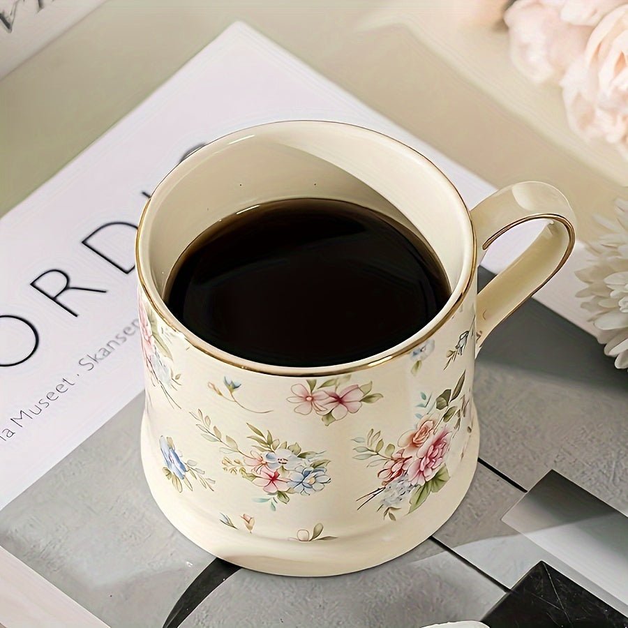 2pcs Vintage Ceramic Mug with Floral Print and Gold Handle - Mugs - Cream - Seravelle Home