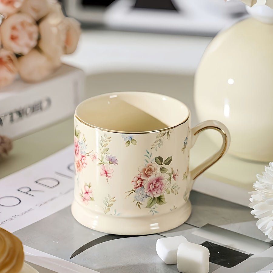 2pcs Vintage Ceramic Mug with Floral Print and Gold Handle - Mugs - Cream - Seravelle Home