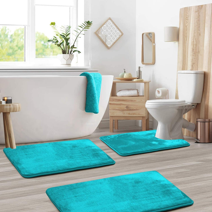 3 - Piece Bath Mat Set Made of Soft Coral Fleece - Bath Mat - Blue - Seravelle Home